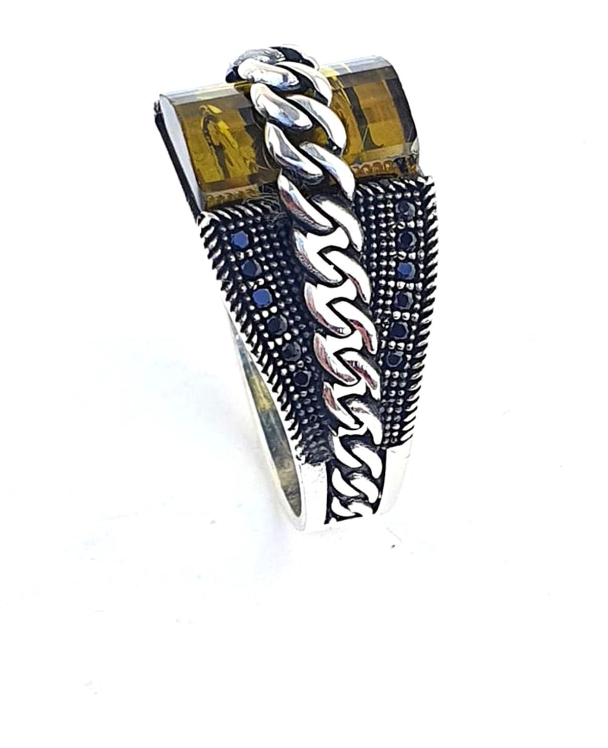 Ose Shop Sarı Peridot - Oniks Taşlı 925 Ayar Gümüş Yüzük