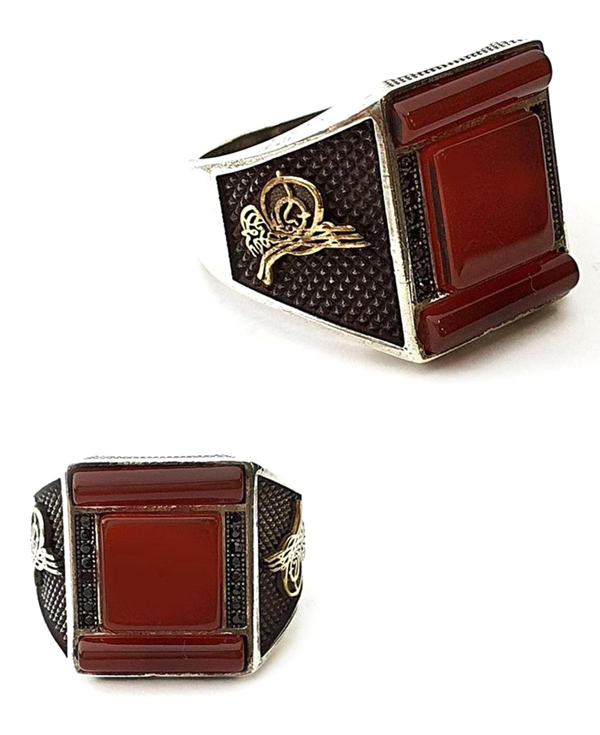 Ose Shop Kırmızı Akik - Oniks Taşlı 925 Ayar Osmanlı Tuğralı Gümüş Yüzük