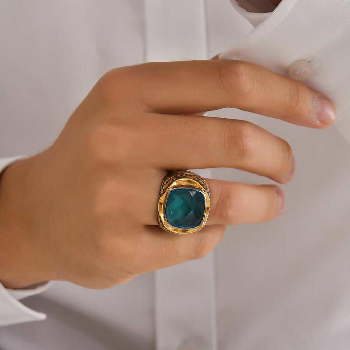 Nusret Takı Turkuaz Aquamarine Taşlı 925 Ayar Kare Gümüş Yüzük