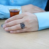 Tesbihane Turkuaz Zirkon Taşlı 925 Ayar Gemi Dümeni Gümüş Yüzük