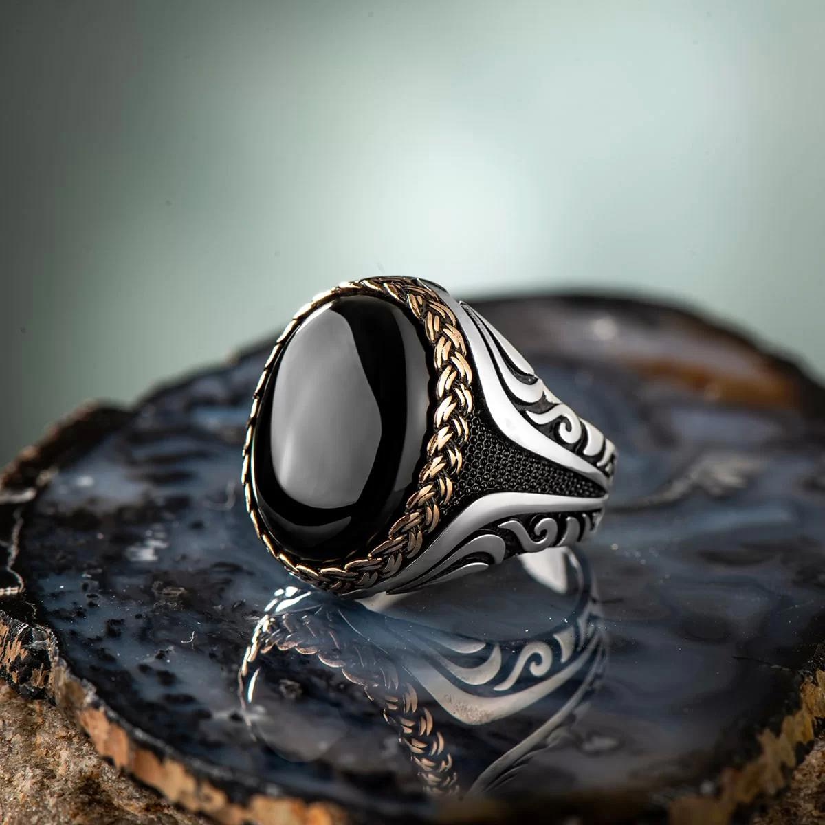 İpek Silver Siyah Oniks Taşlı 925 Ayar Otantik Oval Gümüş Yüzük