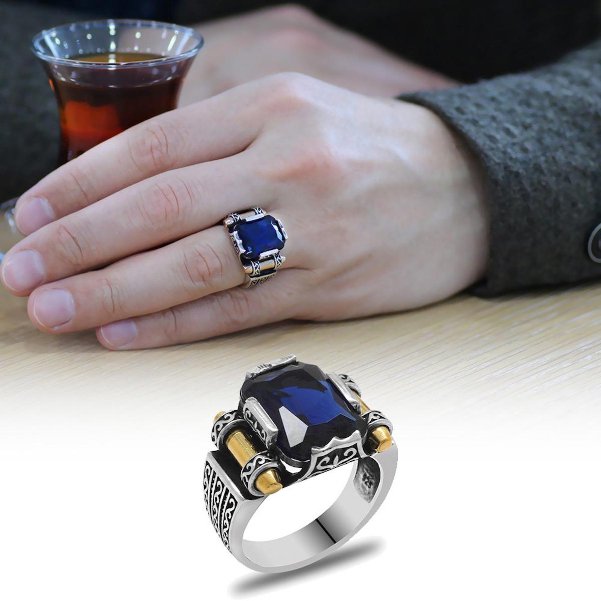 Tesbihname Lacivert Swarovski Taşlı 925 Ayar Baget Gümüş Yüzük