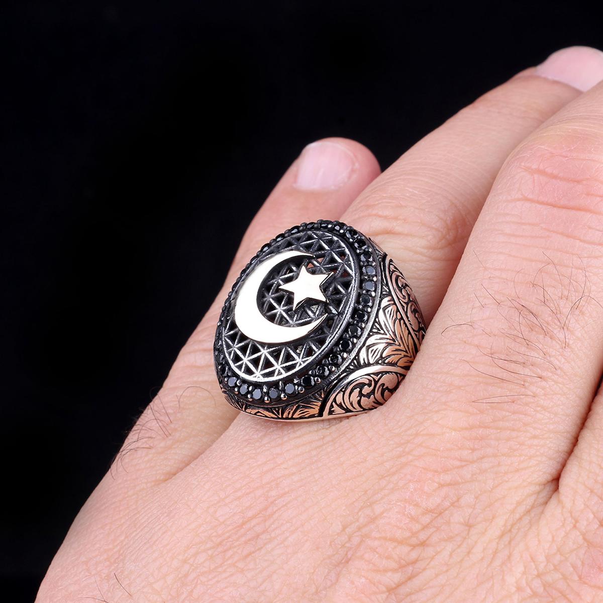 Tesbih Sepetim Siyah Zirkon Taşlı 925 Ayar Ay Yıldız Gümüş Yüzük