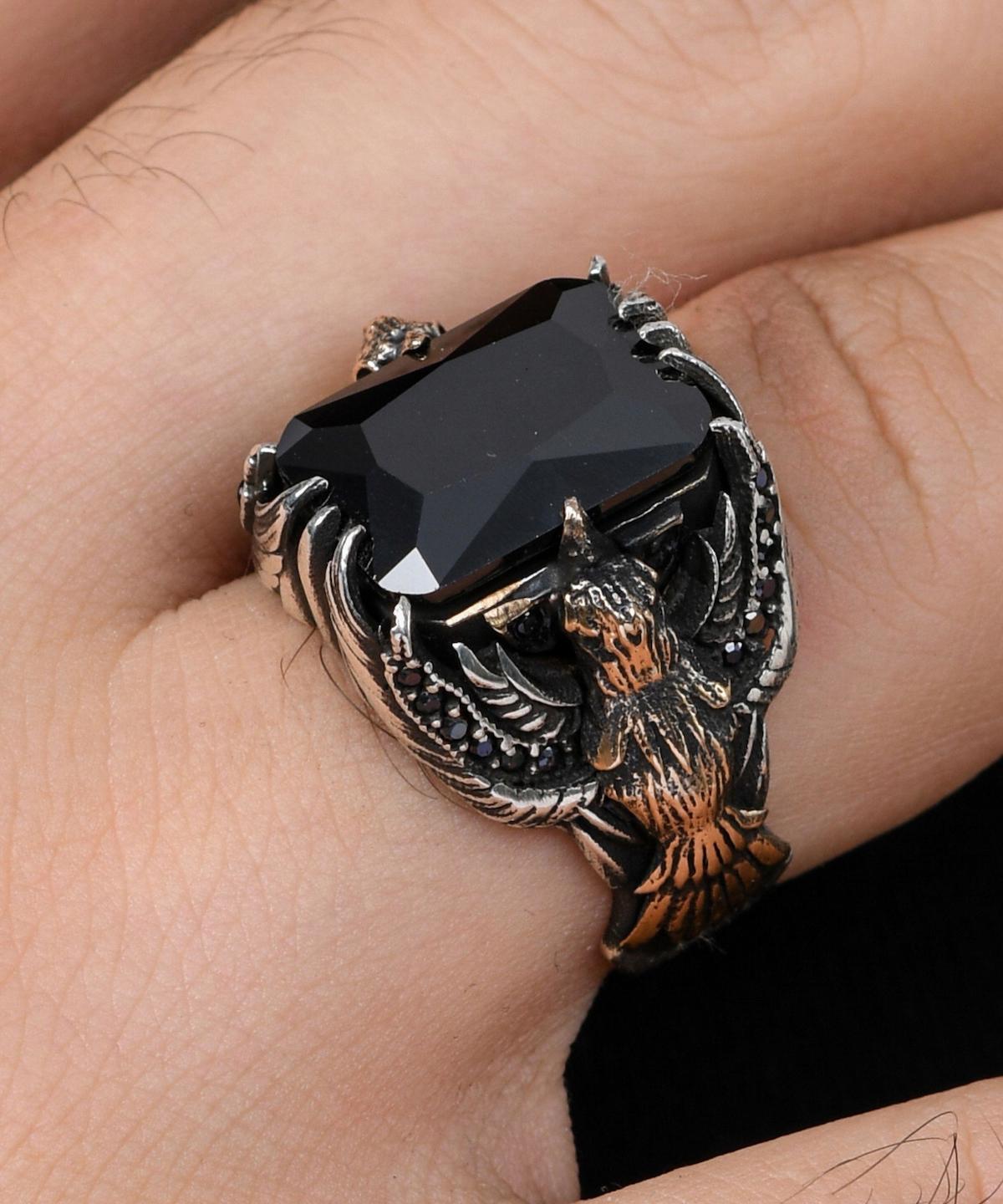 Prestige Gümüş Siyah Zirkon Taşlı 925 Ayar Kartal Gümüş Yüzük