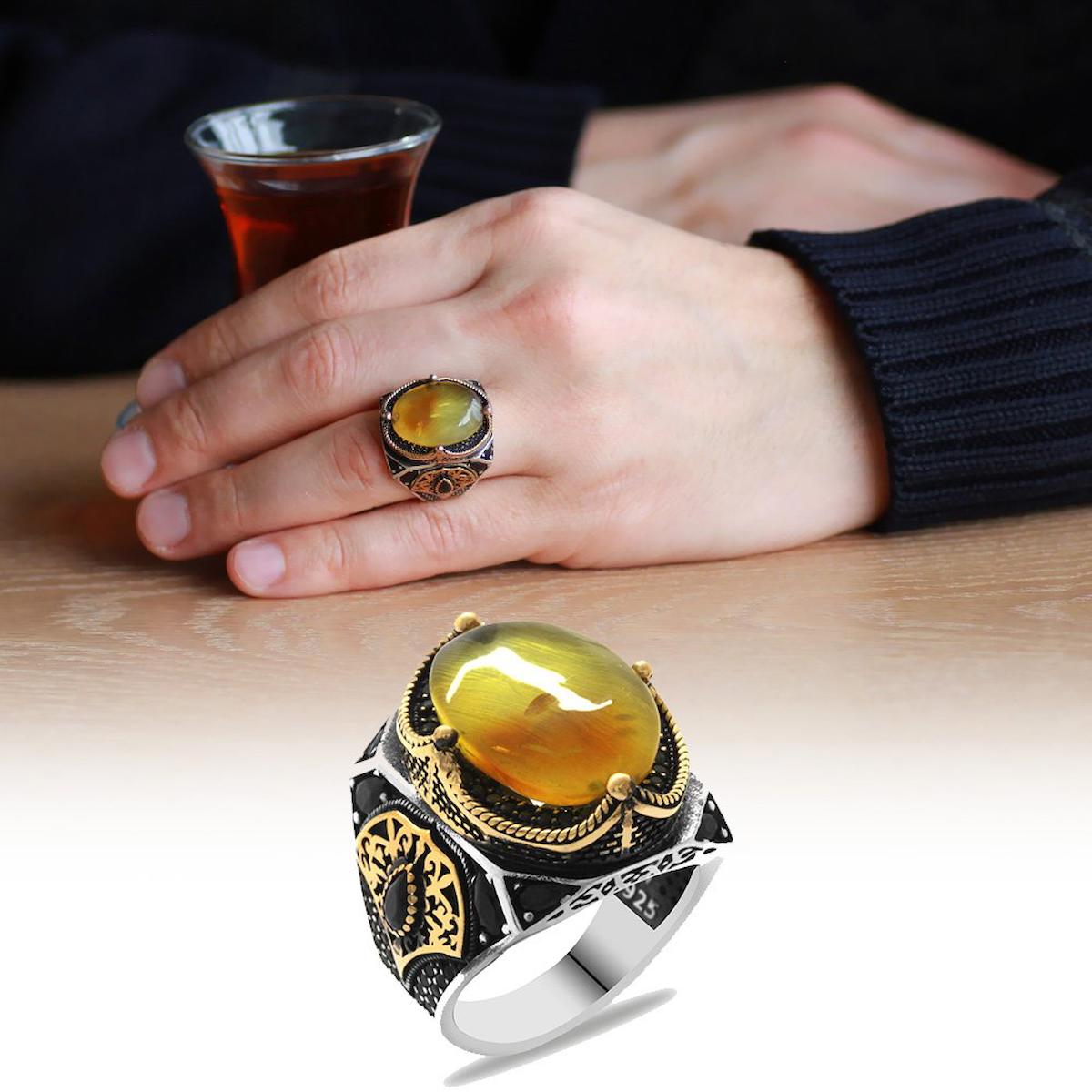 Tesbihname Sarı Kehribar Taşlı 925 Ayar Oval Gümüş Yüzük