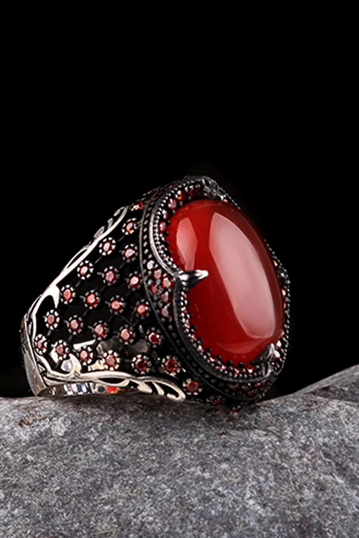 İpek Silver Bordo Akik Taşlı 925 Ayar Oval Gümüş Yüzük