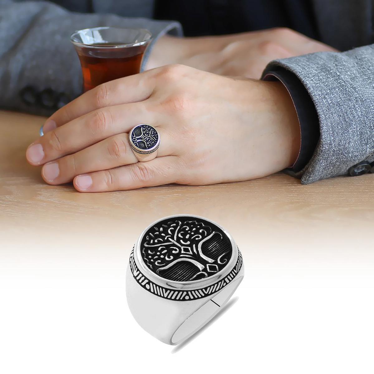 Tesbihname Taşlı 925 Ayar Soy Ağacı Oval Gümüş Yüzük