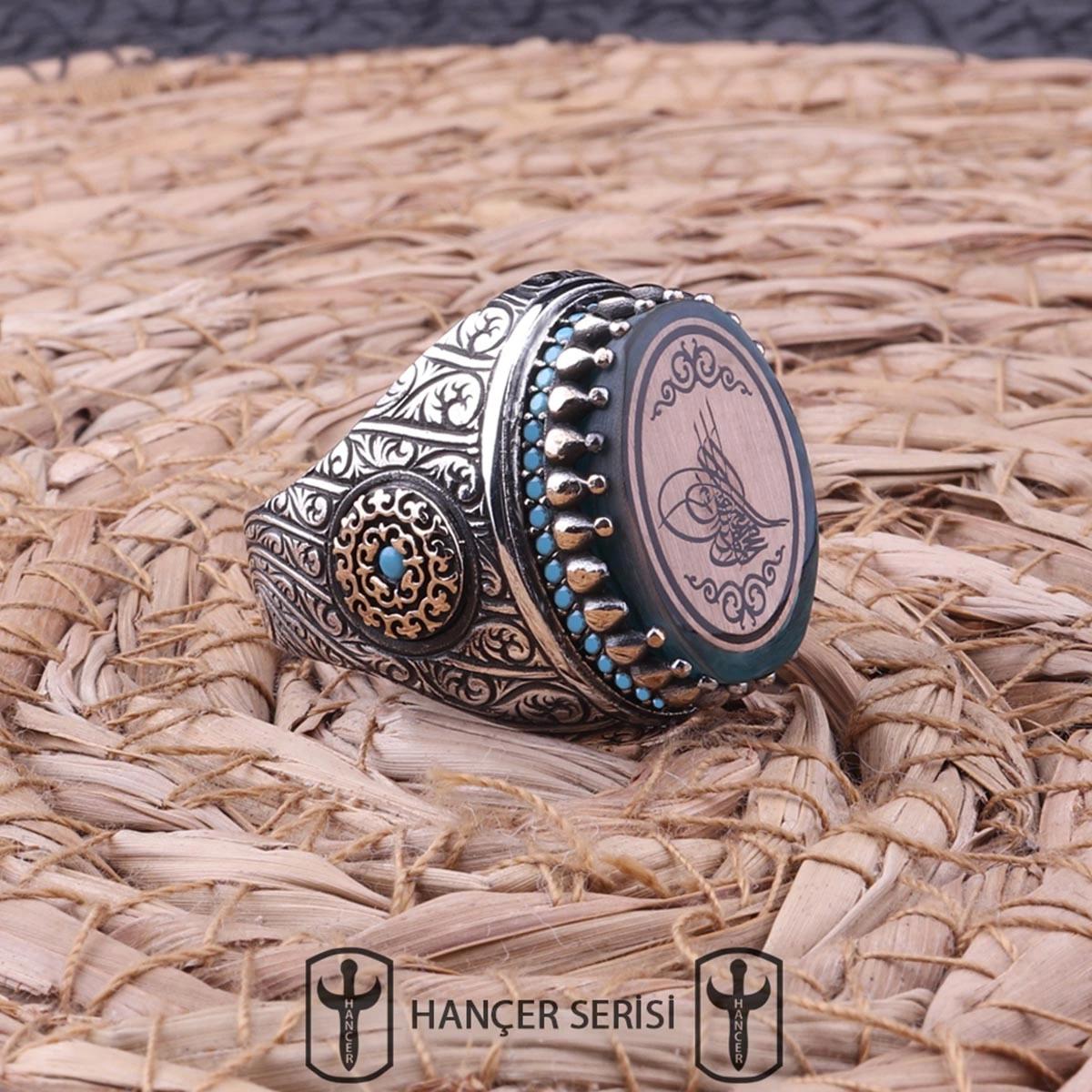 İpek Silver Kahverengi Kehribar Taşlı 925 Ayar Osmanlı Tuğralı Gümüş Yüzük