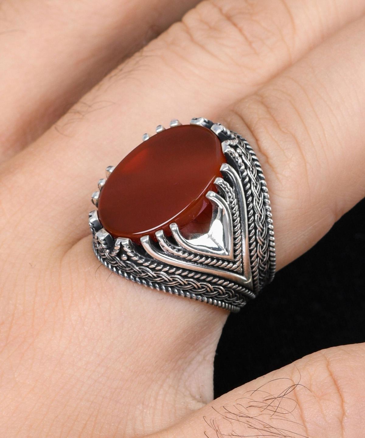 Prestige Gümüş Kahverengi Akik Taşlı 925 Ayar Oval Gümüş Yüzük