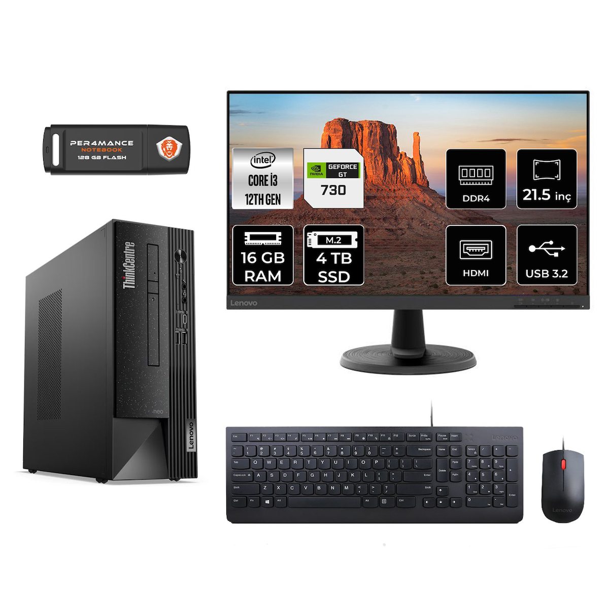 Lenovo Thinkcentre Neo 50S M02VTXD315 Harici GeForce GT 730 Intel Core i3 12100 16 GB Ram 4 TB SSD Tower FreeDos 21.5 inç Monitörlü Masaüstü Oyuncu Bilgisayarı