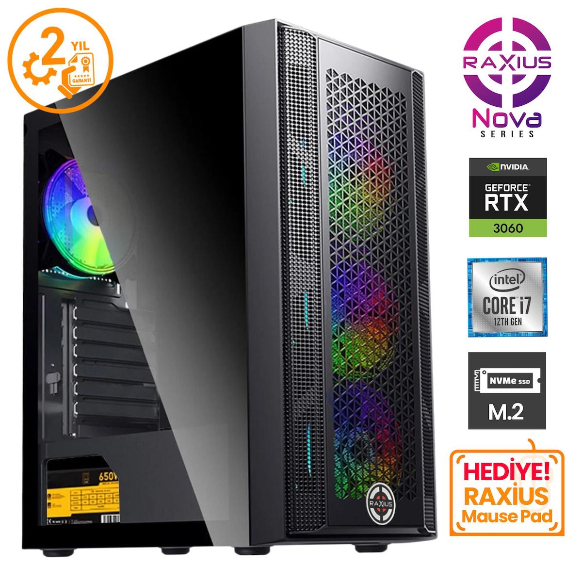 Raxius Nova G1 Harici GeForce RTX 3060 Intel Core i7 12700F 64 GB Ram 1 TB SSD Tower FreeDos Masaüstü Oyuncu Bilgisayarı