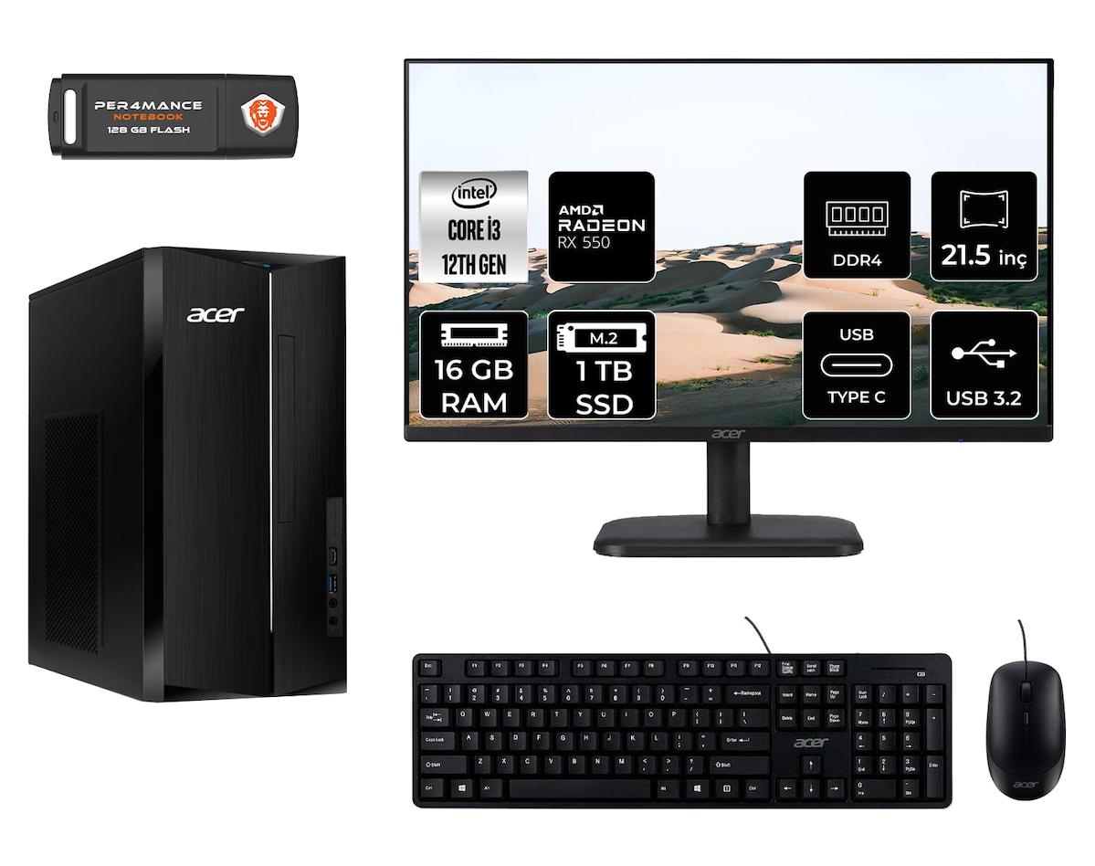 Acer Aspire TC1760 MDT004D163 Harici Radeon RX 550 Intel Core i3 12100 16 GB Ram 1 TB SSD Tower FreeDos 21.5 inç Monitörlü Masaüstü Oyuncu Bilgisayarı