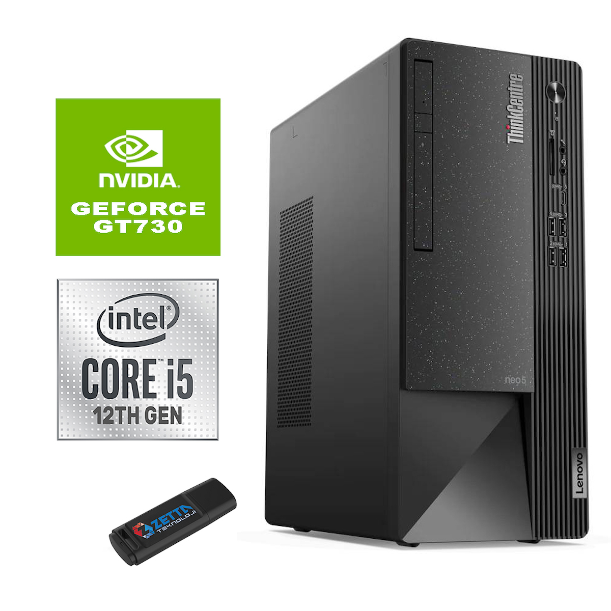 Lenovo Thinkcentre Neo 50T Gen 4 12JB005DTRG728 Harici GeForce GT 730 Intel Core i5 12400 16 GB Ram 1 TB SSD Tower Windows 11 Home Masaüstü Oyuncu Bilgisayarı + Zetta Flash Bellek