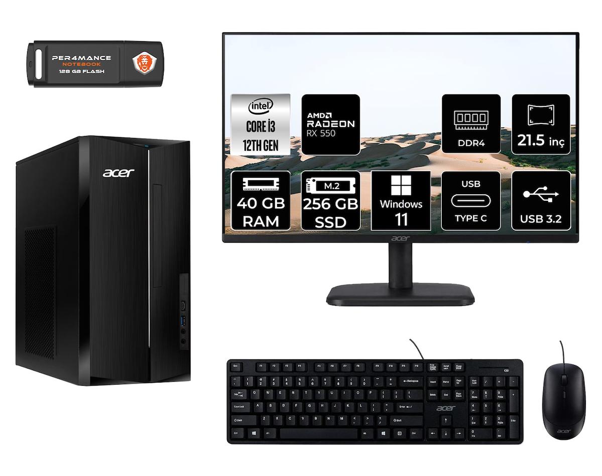 Acer Aspire TC1760 MDT004D286 Harici Radeon RX 550 Intel Core i3 12100 40 GB Ram 256 GB SSD Tower Windows 11 Pro 21.5 inç Monitörlü Masaüstü Oyuncu Bilgisayarı