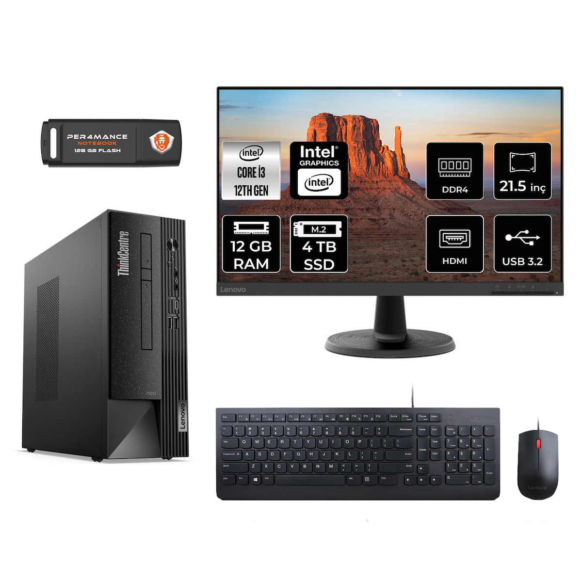 Lenovo Thinkcentre Neo 50S M02VTXD010 Dahili Intel UHD Graphics 730 Intel Core i3 12100 12 GB Ram 4 TB SSD Tower FreeDos 21.5 inç Monitörlü Masaüstü Bilgisayar