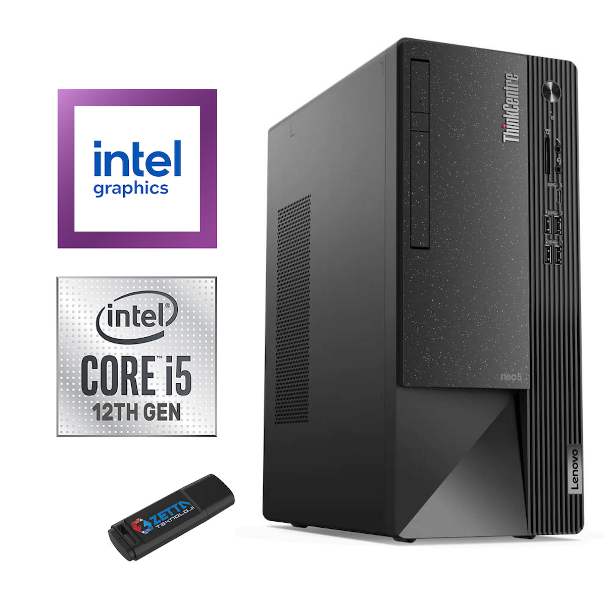 Lenovo Thinkcentre Neo 50T Gen 4 12JB005DTR39 Dahili Intel UHD Graphics 730 Intel Core i5 12400 64 GB Ram 2 TB SSD Tower Windows 11 Home Masaüstü Bilgisayar + Zetta Flash Bellek