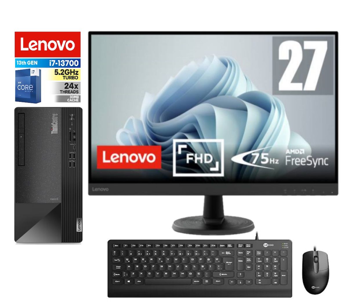 Lenovo Thinkcentre Neo 50T Gen 4 512JB005ATR20 Dahili Intel UHD Graphics 770 Intel Core i7 13700 64 GB Ram 4 TB SSD Tower FreeDos 27 inç Monitörlü Masaüstü Bilgisayar + Zetta Flash Bellek