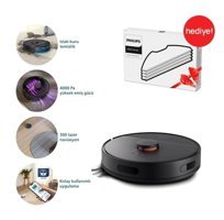 Philips Homerun 3000 Serisi XU3000/01 Haritalı Moplu Çift Fırçalı Hepa Filtreli Islak Kuru 2700 Pa Siyah Robot Süpürge + XV1430/00 Mop