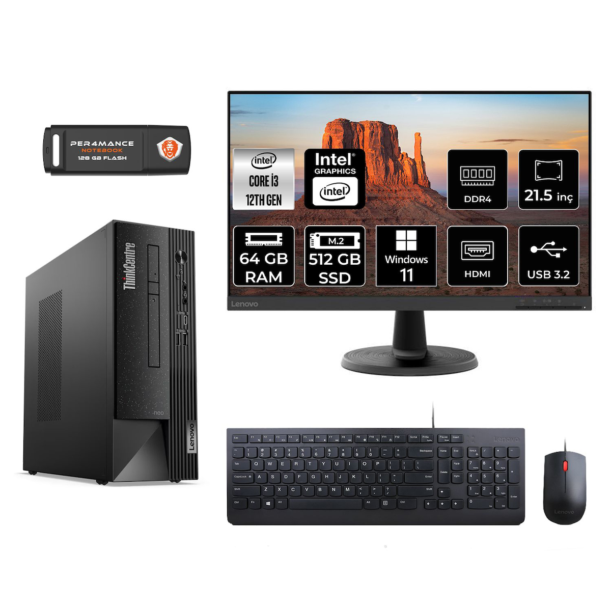 Lenovo Thinkcentre Neo 50S M02VTXD147 Dahili Intel UHD Graphics 730 Intel Core i3 12100 64 GB Ram 512 GB SSD Tower Windows 11 Pro 21.5 inç Monitörlü Masaüstü Bilgisayar