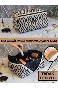 Smyak Bölmeli Çok Renkli Geometrik Desenli Polyester Midi Boy Çok Gözlü Makyaj Çantası