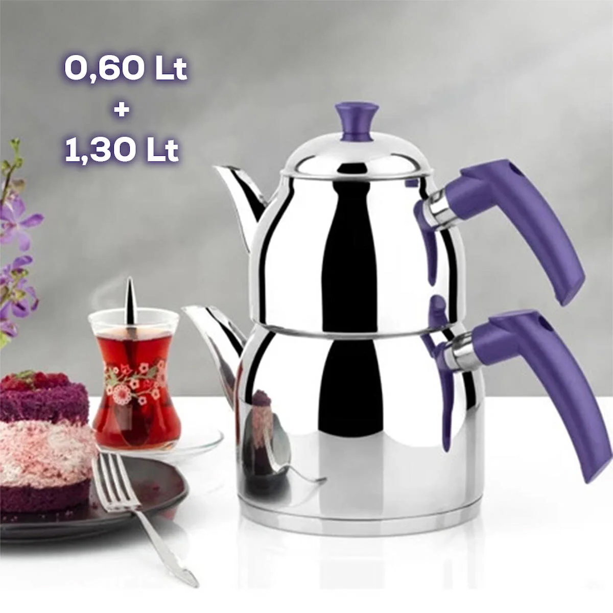 Yonca Firuze Mini Çelik Çaydanlık Mor