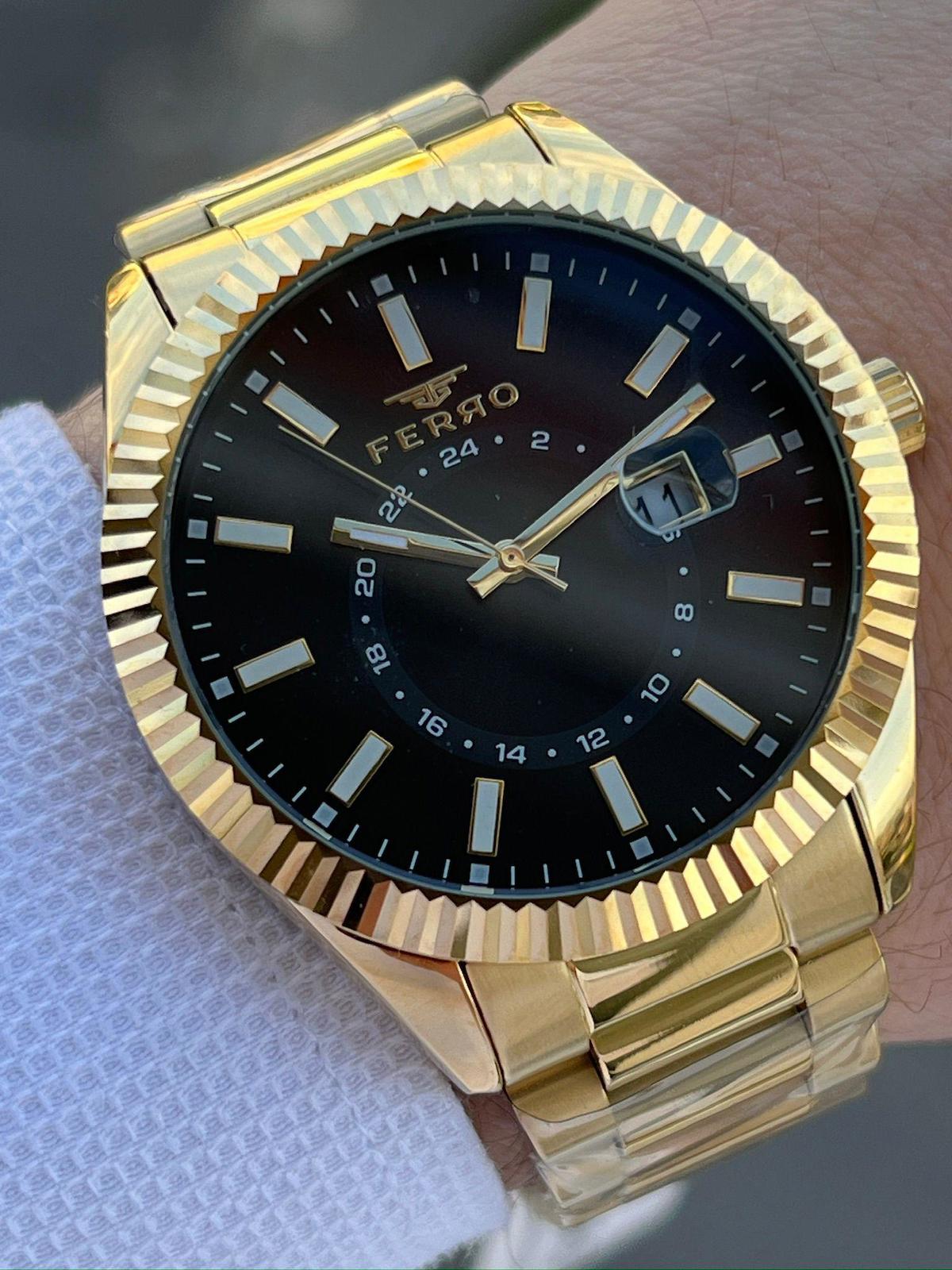 Ferro EFM11288-B2 Su Geçirmez Takvimli 44 mm Altın Çelik Kordon Analog Erkek Kol Saati