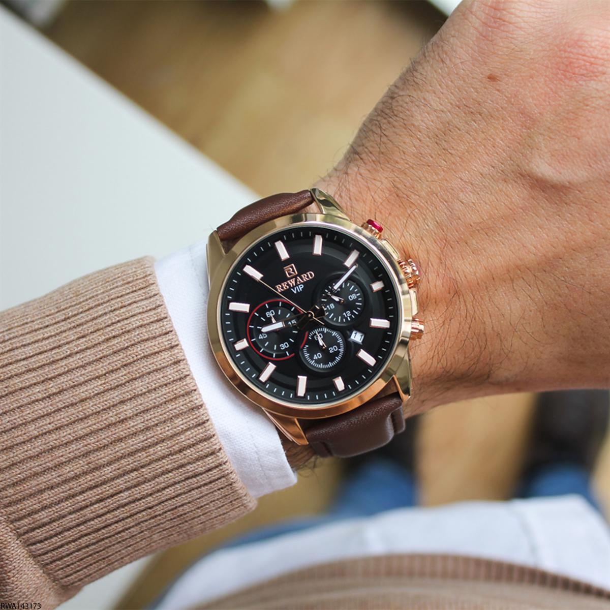 Reward RWA143173 Takvimli 45 mm Kahverengi Deri Kordon Analog Erkek Kol Saati