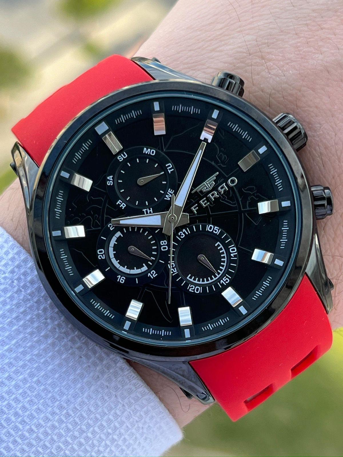 Ferro EF11345-ZK Su Geçirmez Takvimli 44 mm Kırmızı Silikon Kordon Analog Erkek Kol Saati