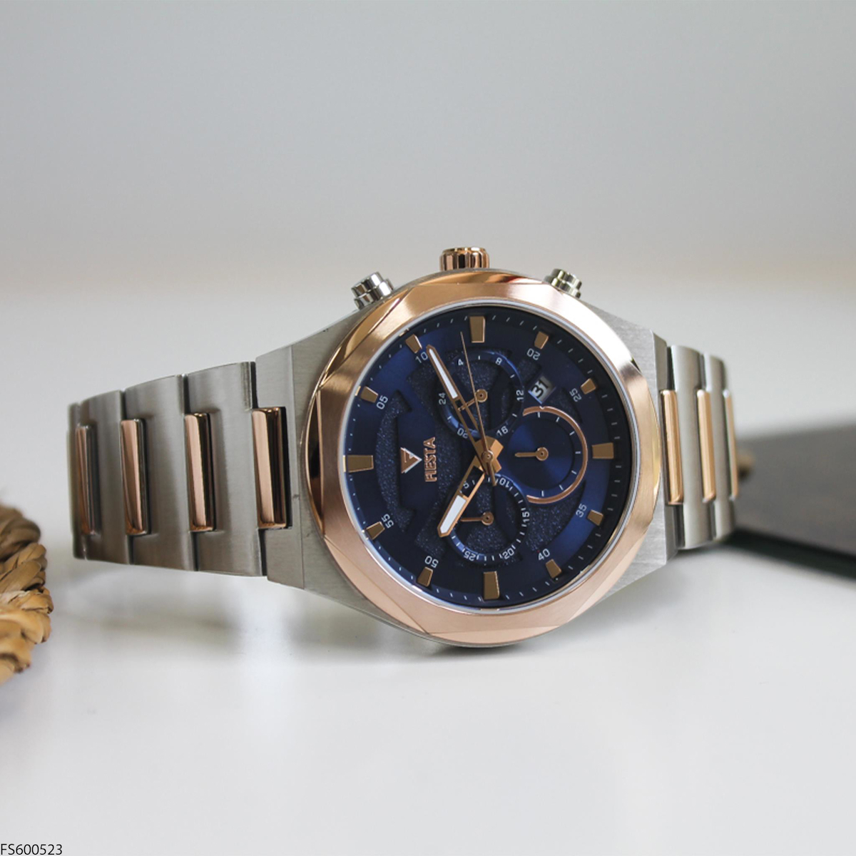 Fiesta FS600523 Takvimli 45 mm Gri-Rose Gold Çelik Kordon Analog Erkek Kol Saati