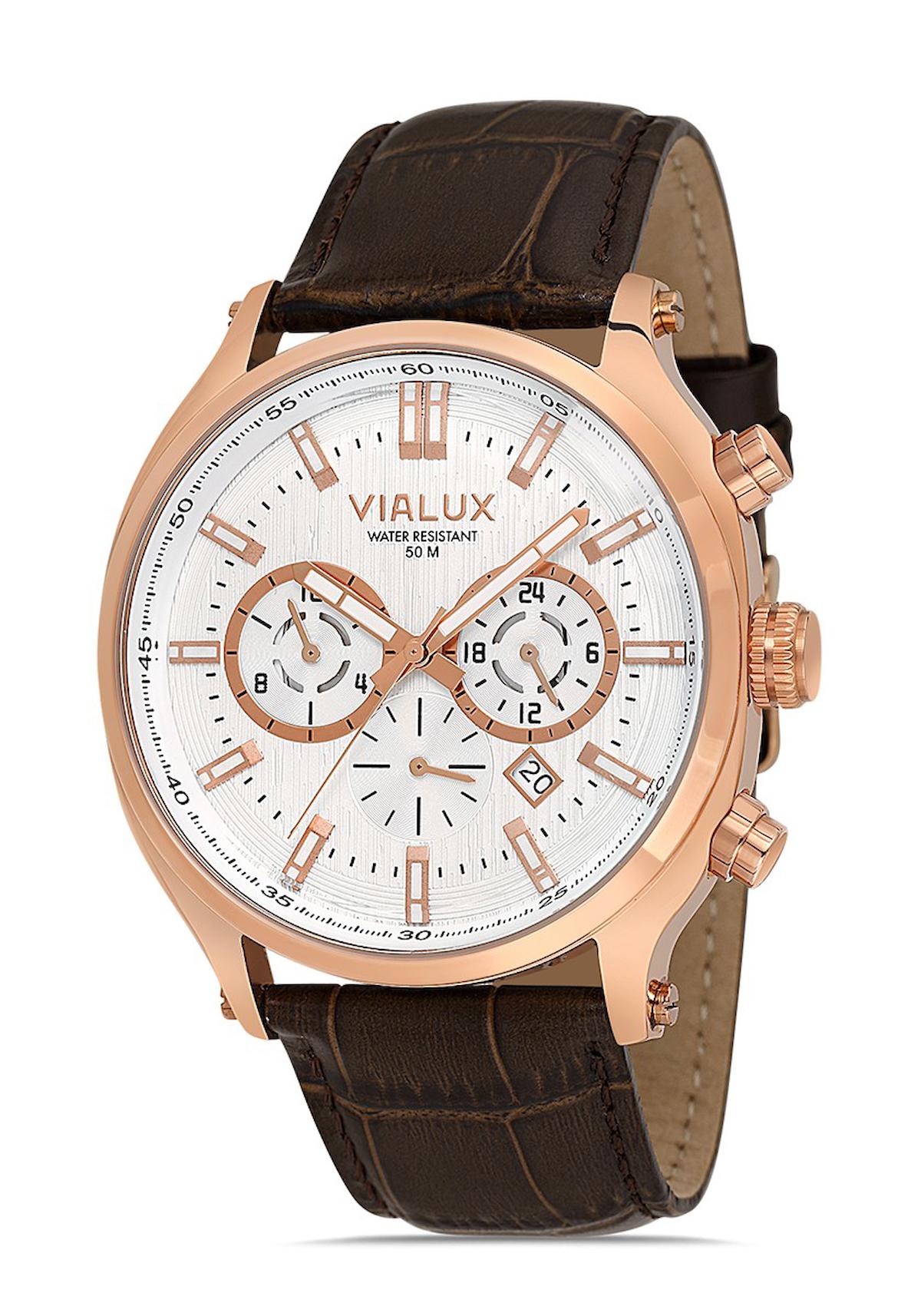 Vialux VX537R-02KR Takvimli 44.5 mm Kahverengi Deri Kordon Analog Erkek Kol Saati