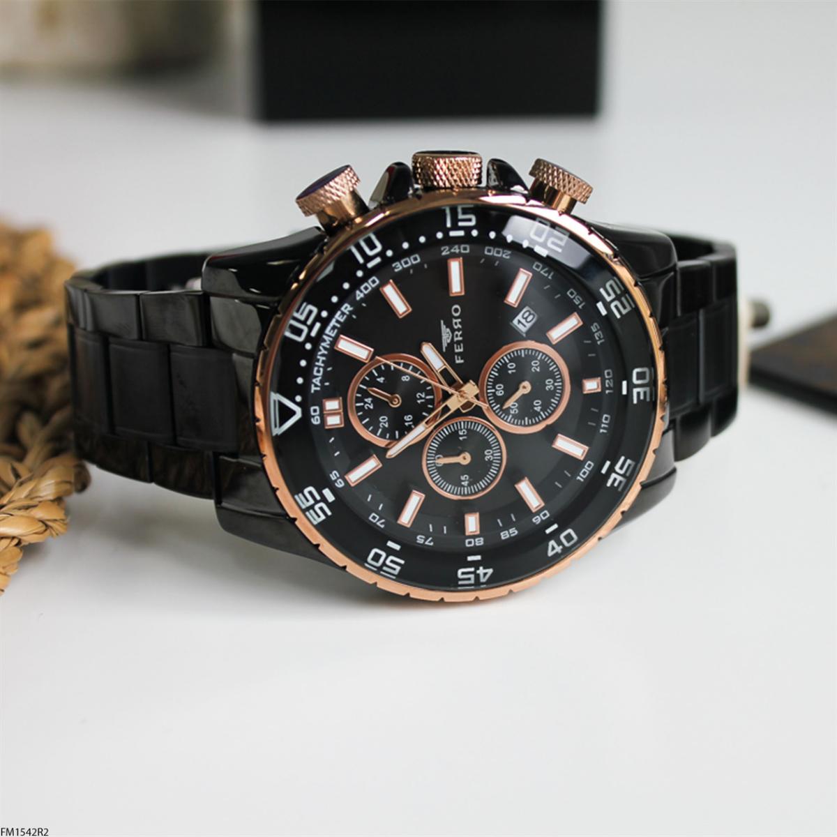 Ferro FM1542R2 Takvimli 45 mm Siyah Metal Kordon Analog Erkek Kol Saati