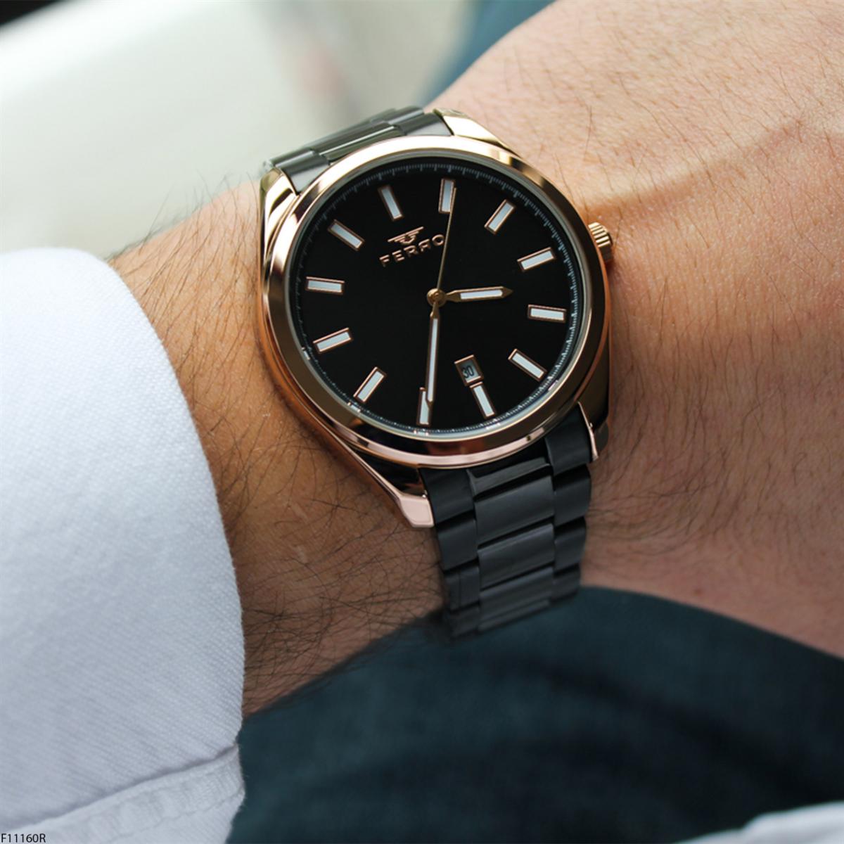 Ferro F11160R Takvimli 41 mm Siyah Metal Kordon Analog Erkek Kol Saati