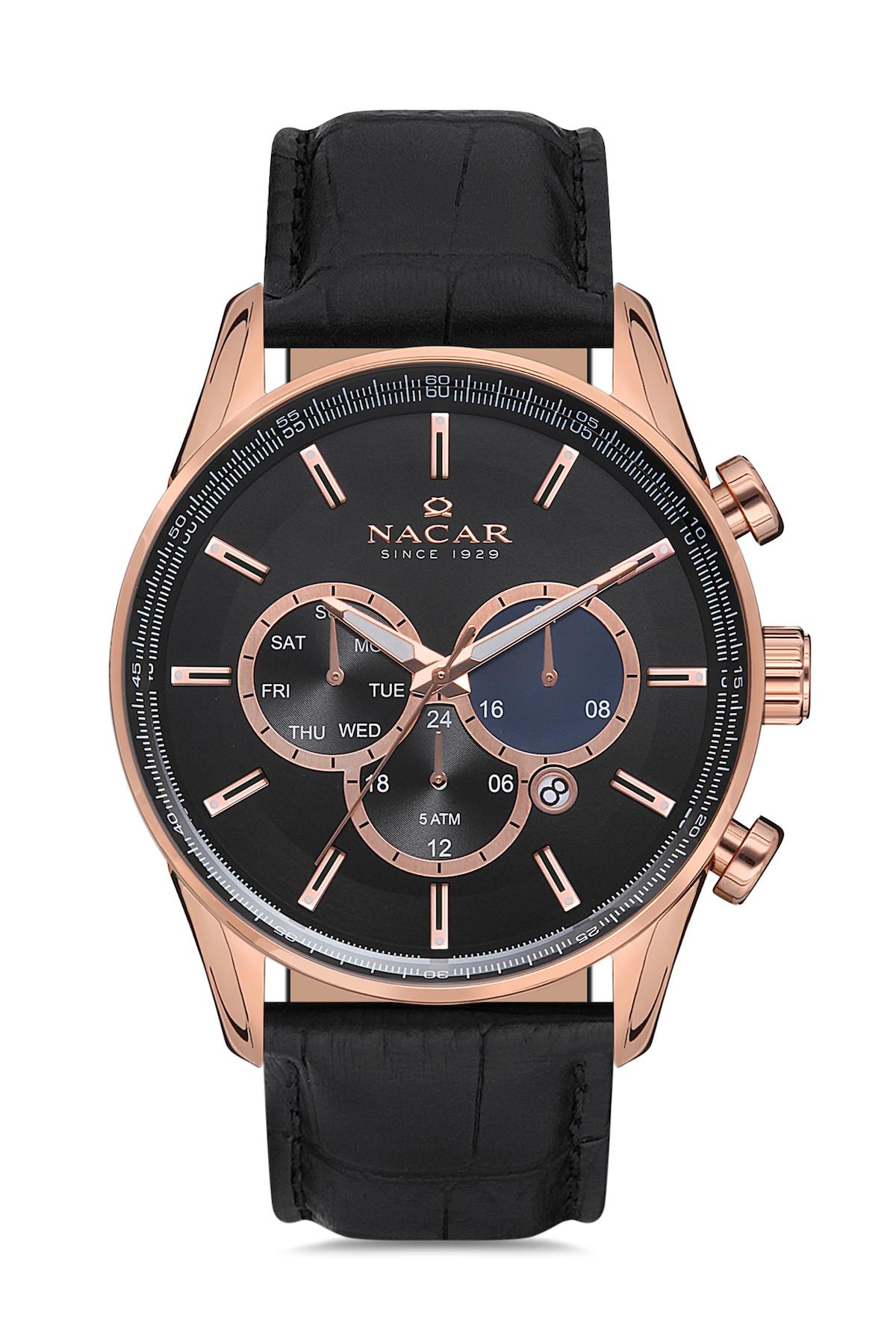 Nacar 33296905RBL1 Takvimli 44 mm Siyah Çelik Kordon Analog Kol Saati