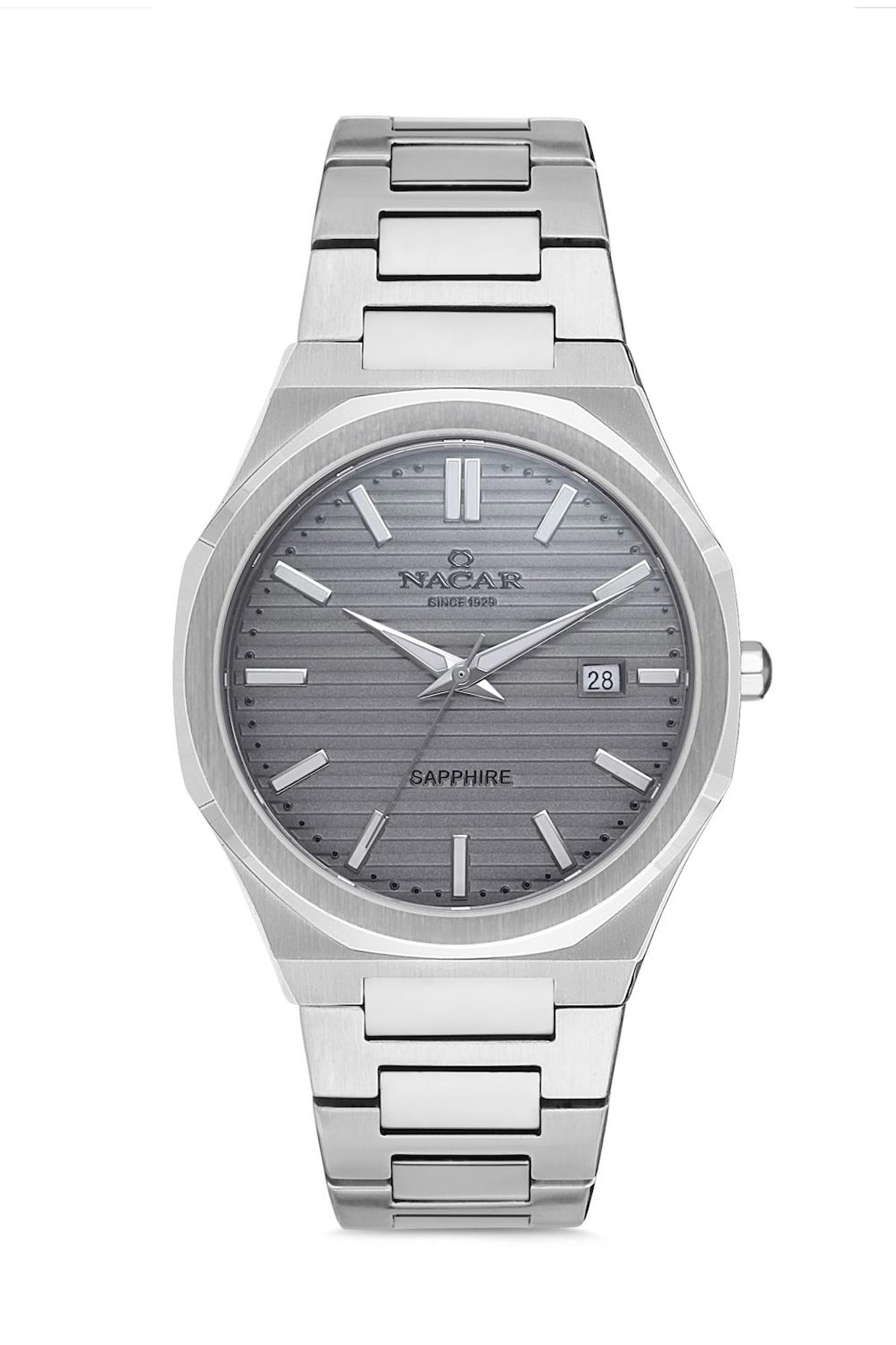 Nacar 34290356AGM Takvimli 44 mm Çelik Kordon Analog Kol Saati