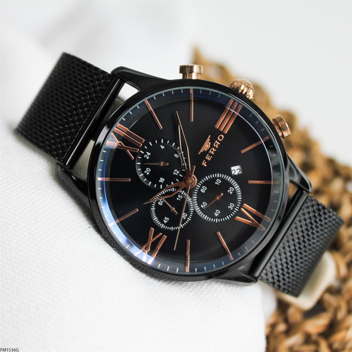 Ferro FM1536G Takvimli 45 mm Siyah Metal Kordon Analog Erkek Kol Saati
