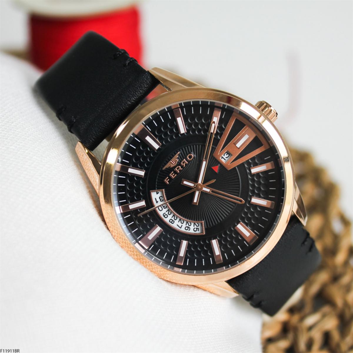 Ferro F11911BR Takvimli 44 mm Siyah Deri Kordon Analog Erkek Kol Saati