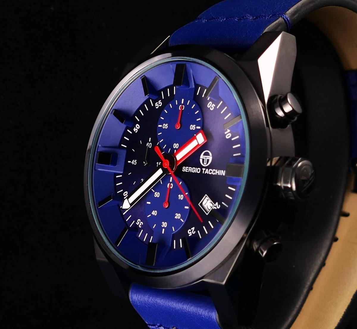 Sergio Tacchini ST.2.106.05 Takvimli 45 mm Mavi Deri Kordon Analog Kol Saati