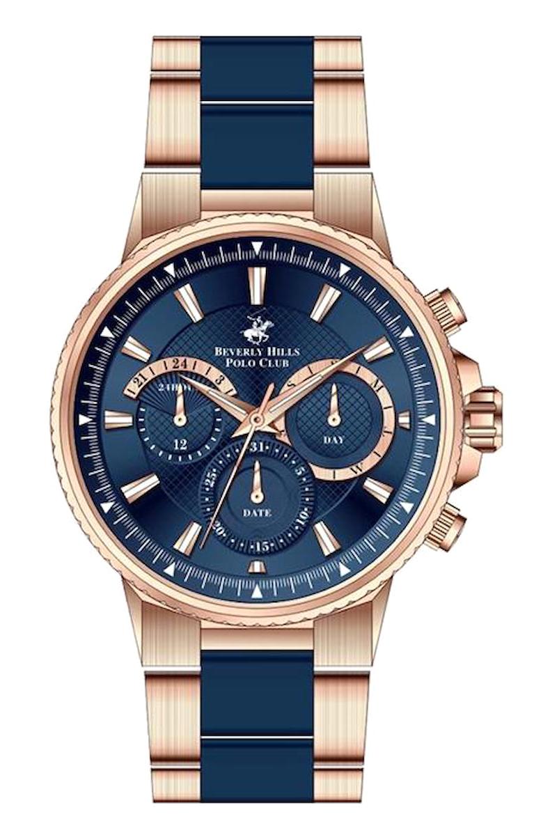 Beverly Hills Polo Club BP3047X490 Takvimli 44 mm Lacivert-Rose Gold Çelik Kordon Analog Kol Saati