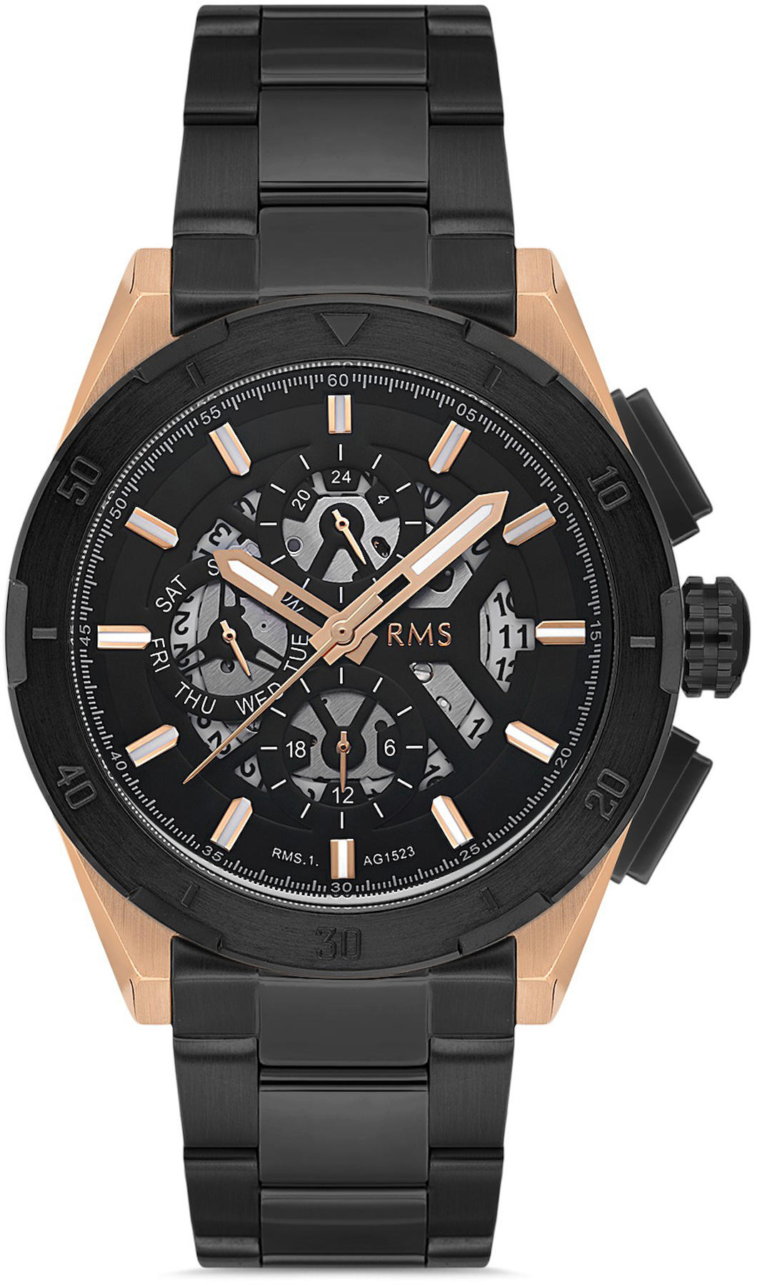 Romanson RMS.1.AG1523.08 Takvimli 44 mm Siyah Çelik Kordon Analog Kol Saati