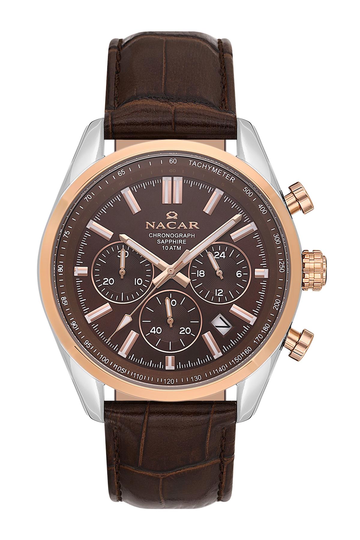 Nacar 34290713EKL2 Takvimli 44 mm Kahverengi Çelik Kordon Analog Kol Saati