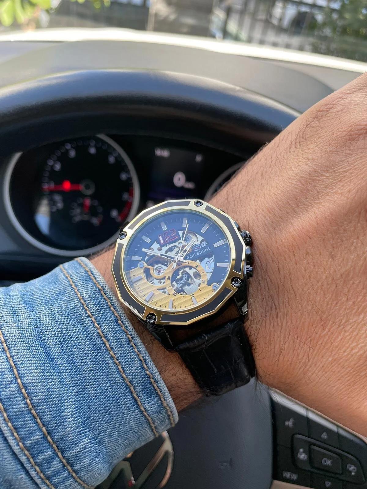 Forsining FRSNG25 44 mm Siyah Deri Kordon Analog Erkek Kol Saati