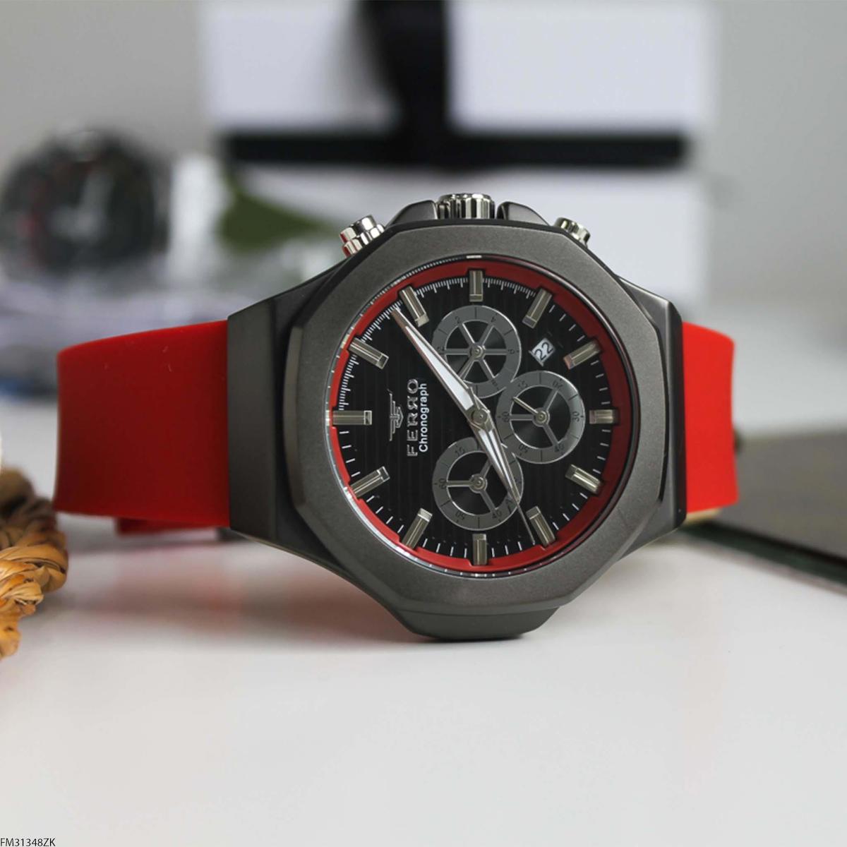 Ferro FM31348ZK Takvimli 47 mm Kırmızı Silikon Kordon Analog Erkek Kol Saati