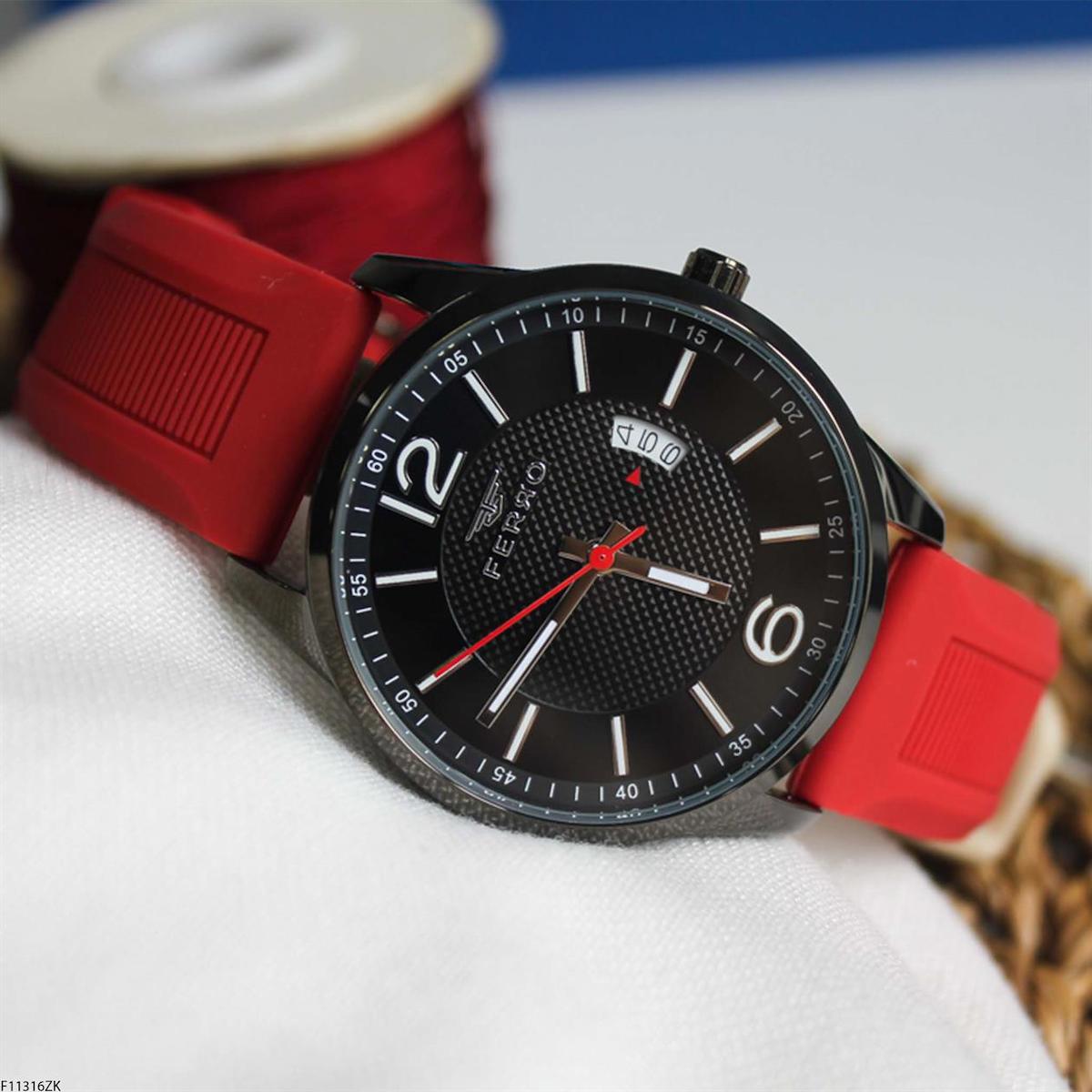 Ferro F11316ZK Takvimli 41 mm Kırmızı Silikon Kordon Analog Erkek Kol Saati