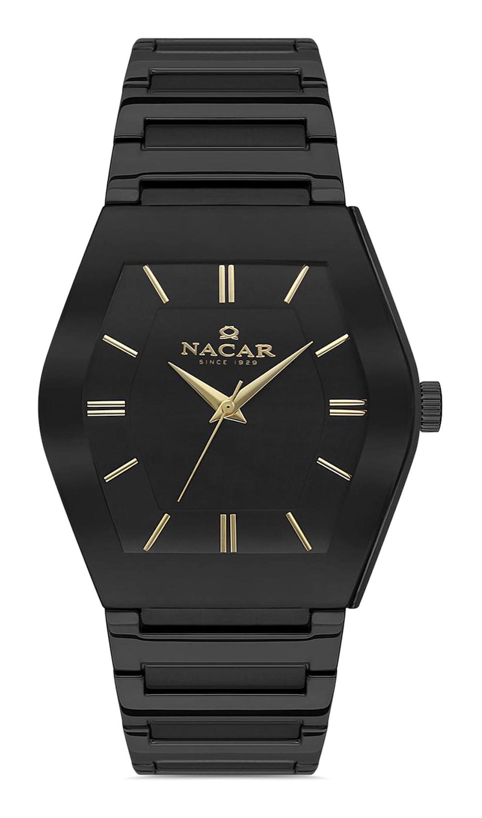 Nacar 34291046BBCM Takvimli 44 mm Siyah Çelik Kordon Analog Kol Saati