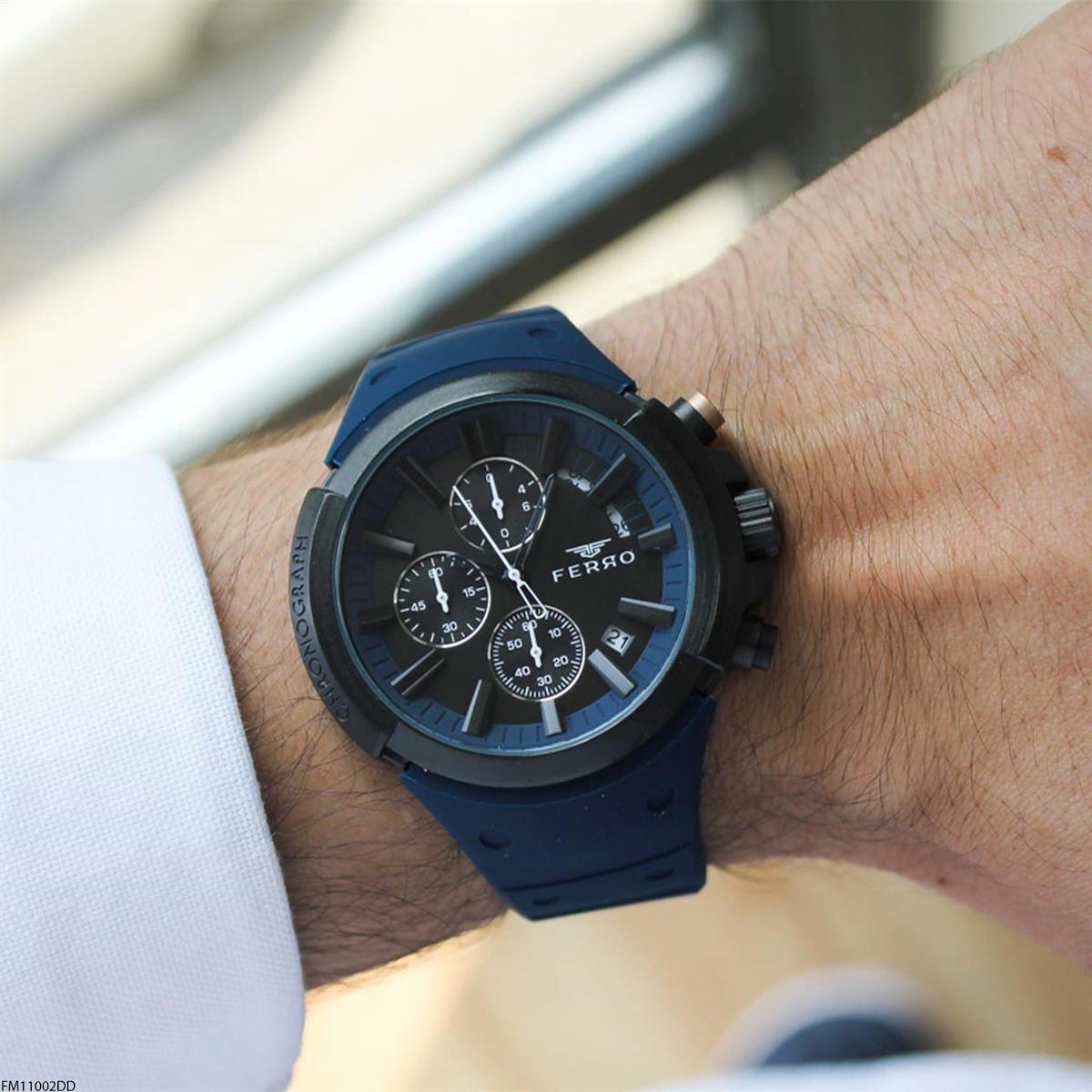 Ferro FM11002DD Takvimli 44 mm Lacivert Silikon Kordon Analog Erkek Kol Saati