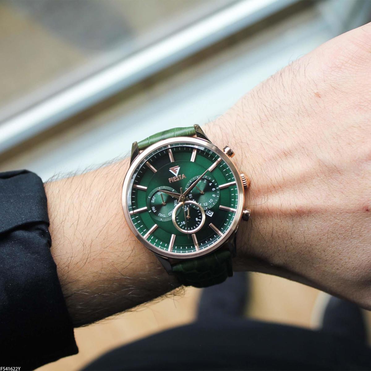 Fiesta FS41622Y Takvimli 45 mm Yeşil Deri Kordon Analog Erkek Kol Saati