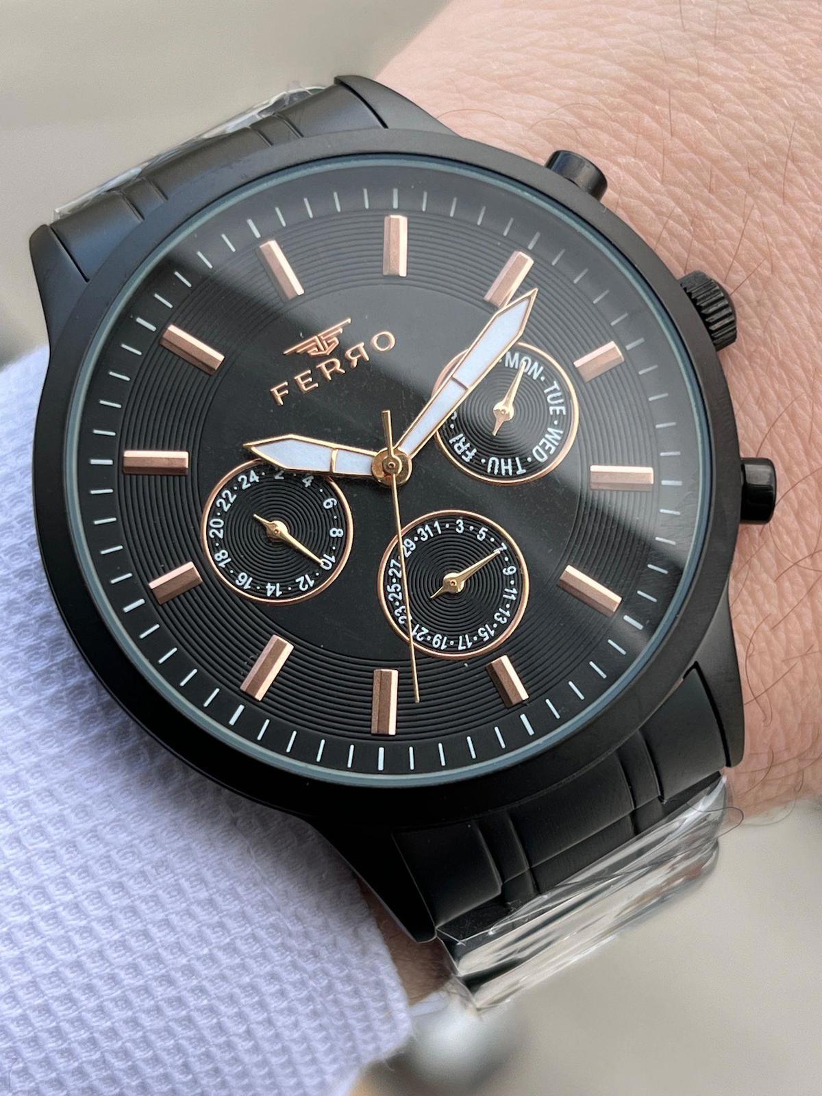 Ferro XF0049 Su Geçirmez Takvimli 44 mm Siyah Çelik Kordon Analog Erkek Kol Saati