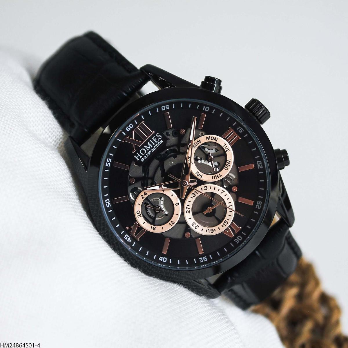 Homies HM24864S01-4 Pusulalı Takvimli 44 mm Siyah Deri Kordon Analog Erkek Kol Saati