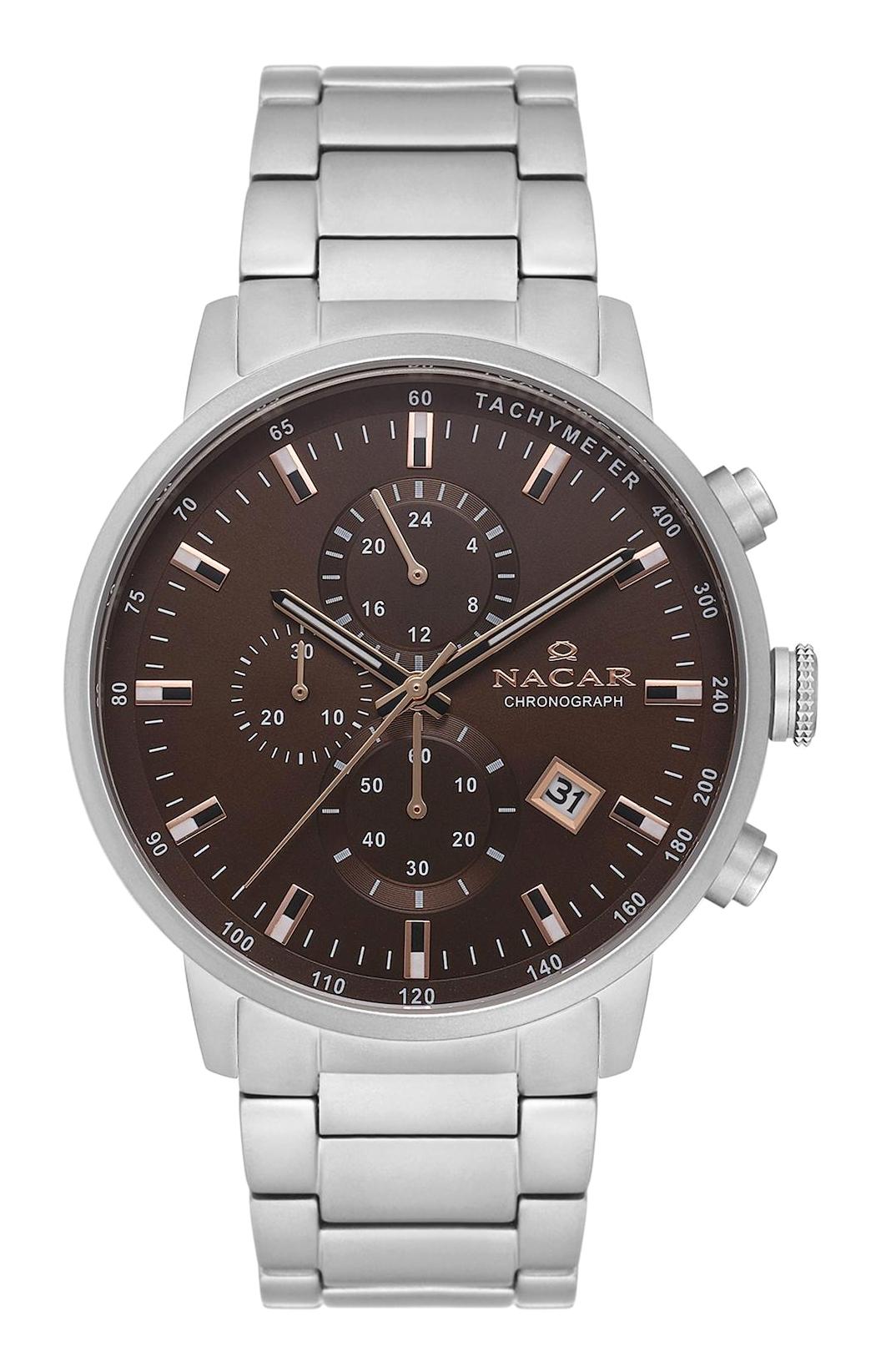 Nacar 3429B257AGRM Takvimli 44 mm Çelik Kordon Analog Kol Saati