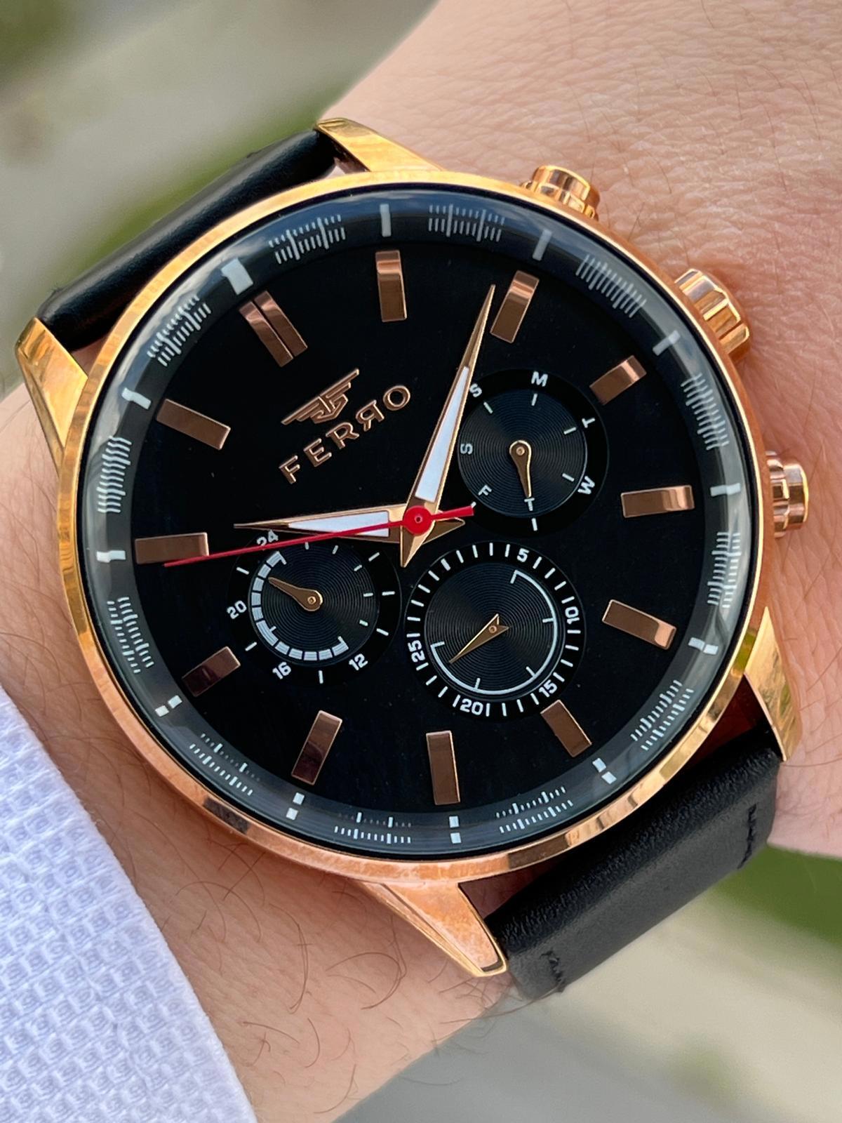 Ferro EFM1108-R Pusulalı Takvimli 44 mm Siyah Deri Kordon Analog Erkek Kol Saati